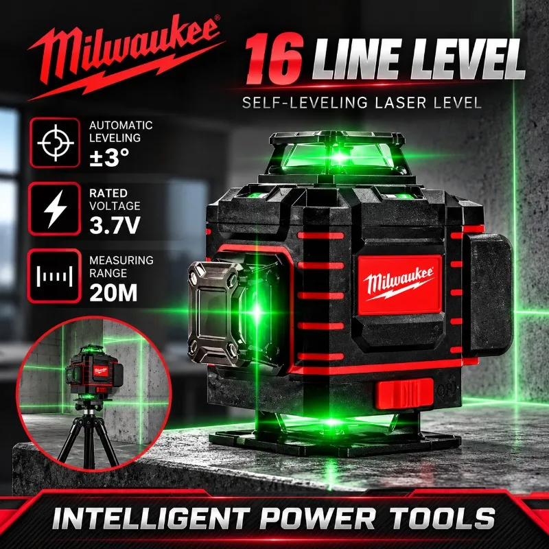 Milwaukee Cross 16 Lines Laser Level 360°Self-leveling Green Laser Levels 4 Sides Degree Vertical 4.2V 3-4D With Remote Control