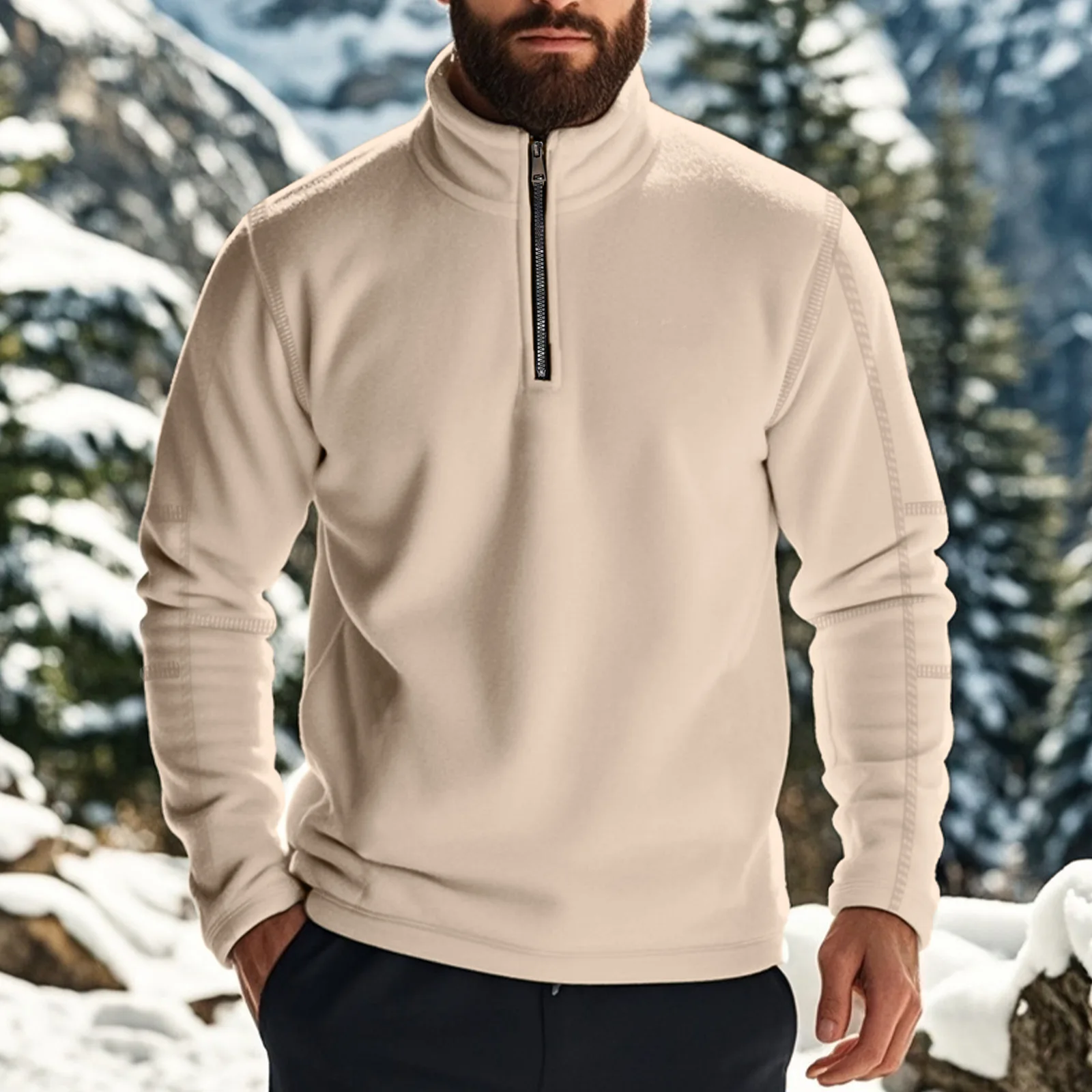 

Men's Zippered Long Sleeve Capless Hoodies Sweatshirt Winter Stand-up Collar Solid Color Sweatshirt Outdoor Bottom Sweater