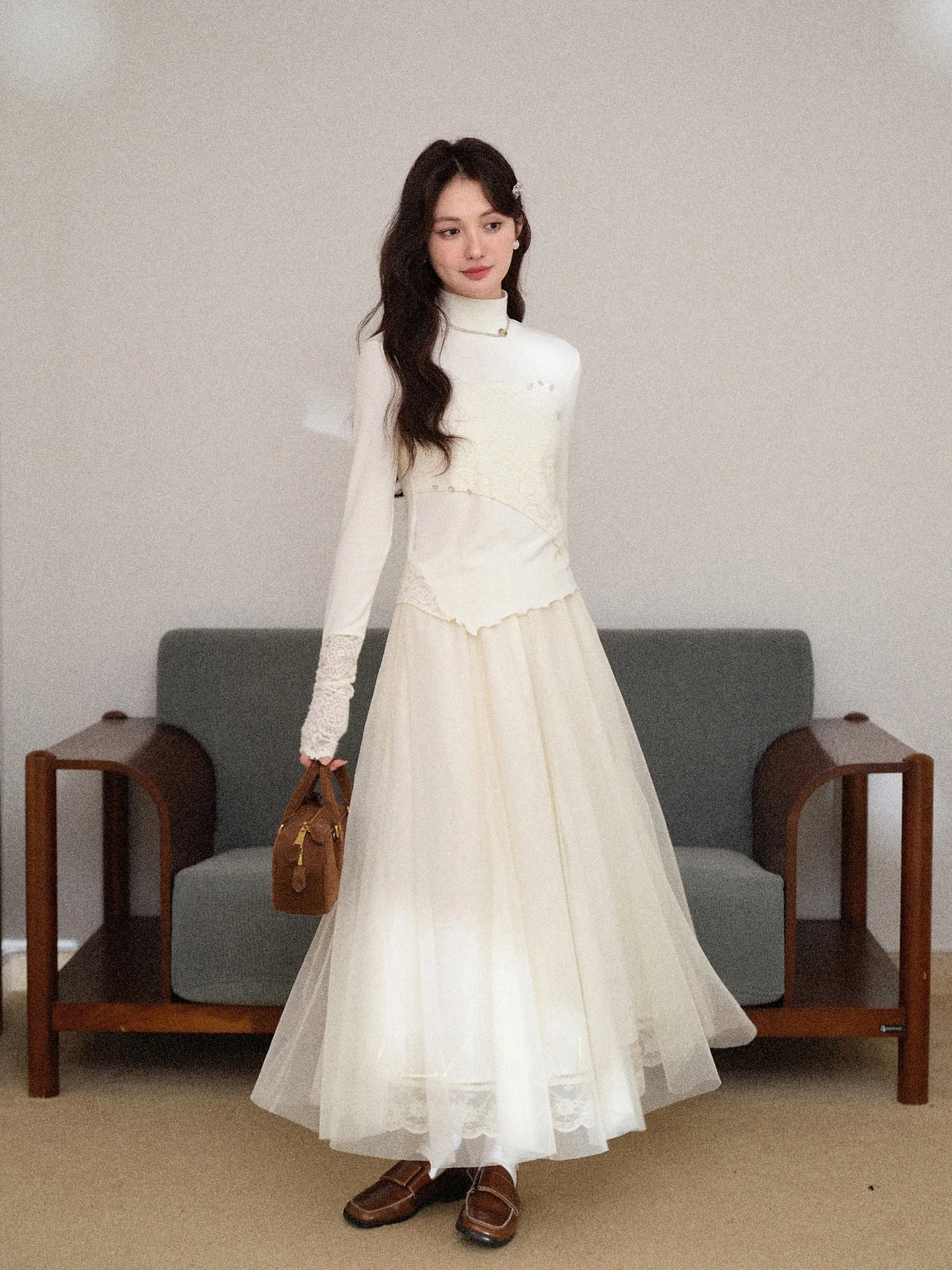 

South Deer Bamboo Forest Snow Irregular Design Long Sve Women's T-irt Autumn Winter Waist Cinched Inner Wear Top