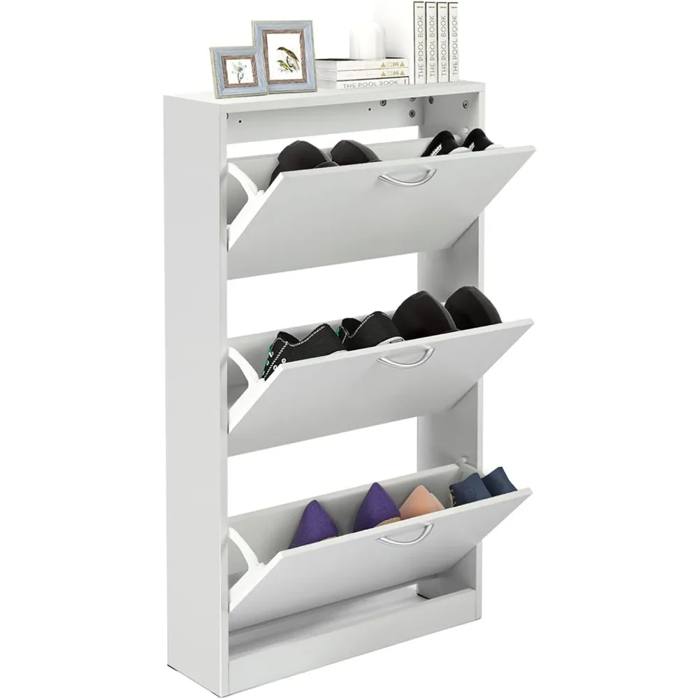 

Shoe Cabinet for Entryway, White Narrow Shoe Storage Cabinet Flip Down Shoe Rack Wood 3 Tier Organizer for Home