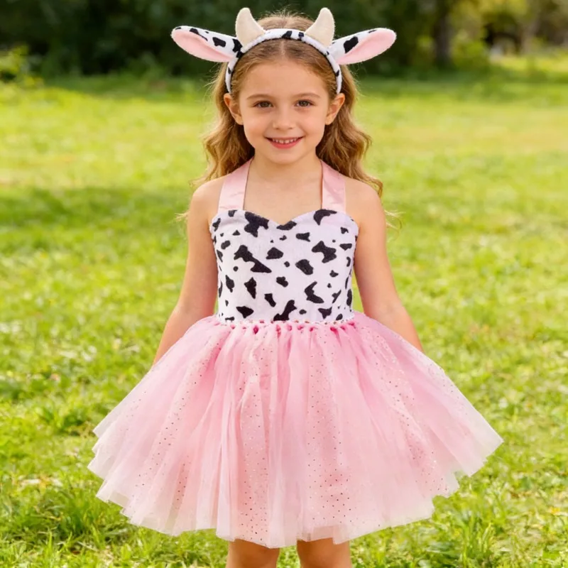 Kids' Animal Themed Dresses, Girls' Performance Clothes with Cute Cow & Tiger Prints, Children's Party Dresses, Halloween Outfit