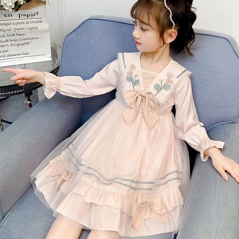 Spring Autumn Spanish Bow Floral Princess Lace Gauze Long sleeves Girl Kawaii Lolita Clothes Elegant Party Evening Clothing