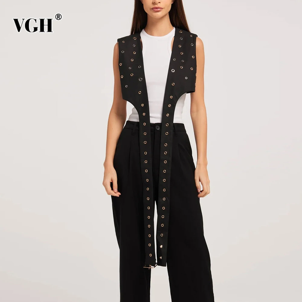 

VGH Patchwork Rivets Slimming Waistcoats For Women V Neck Sleeve Spliced Metal Minimalist Hollow Out Short Waistcoat Female New