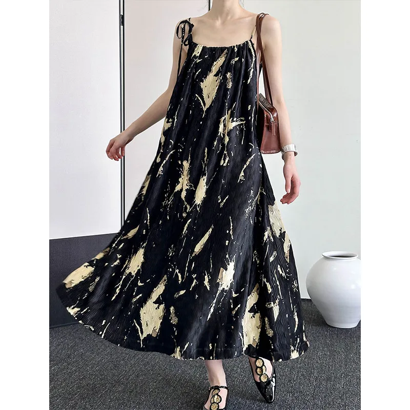 UMI MAO Long Party Dress Elegant For Women's Spring Summer New Korean Print Retro Loose Drape  Camisole Dresses Femme