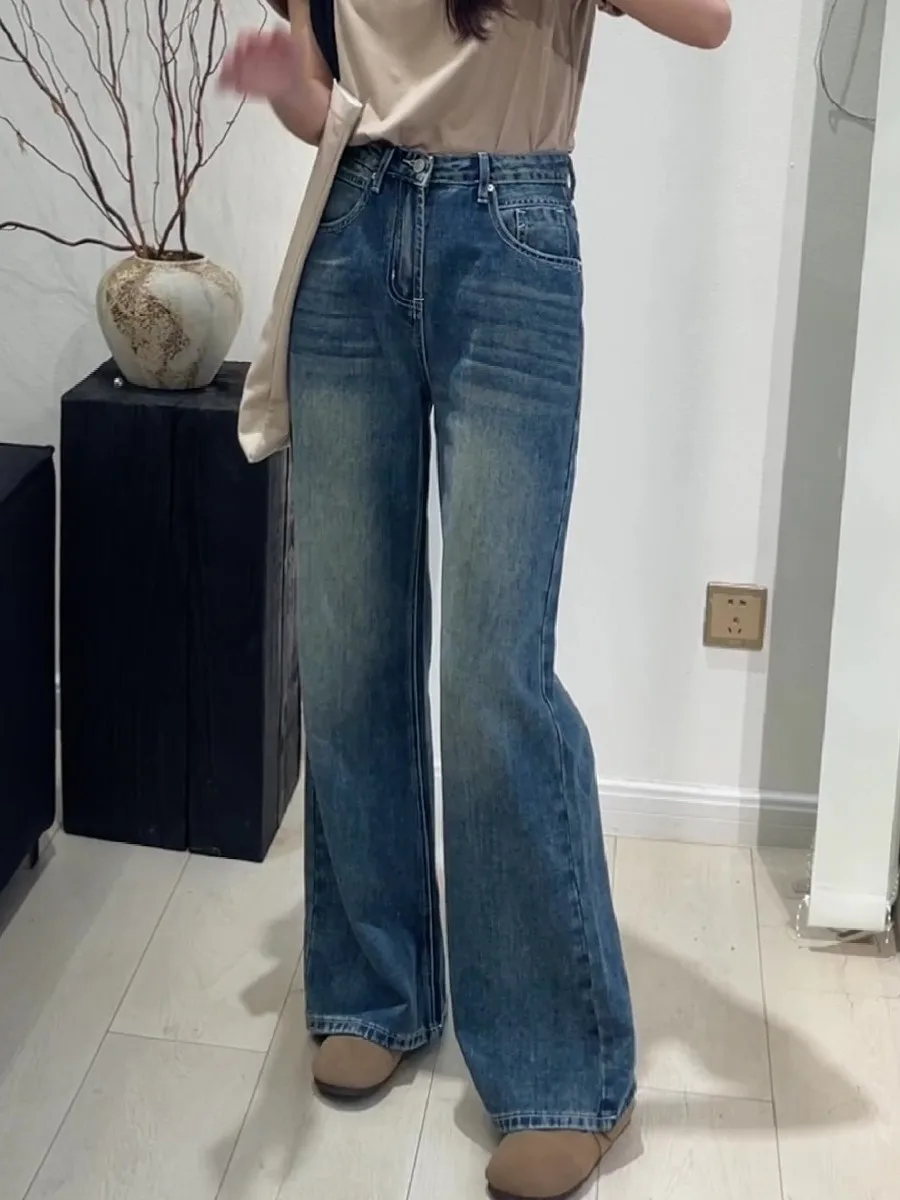 Finewords-Jeans feminino coreano queimado, cintura alta, casual, lavado, solto, fundo de sino, streetwear, azul claro, calça jeans de lazer