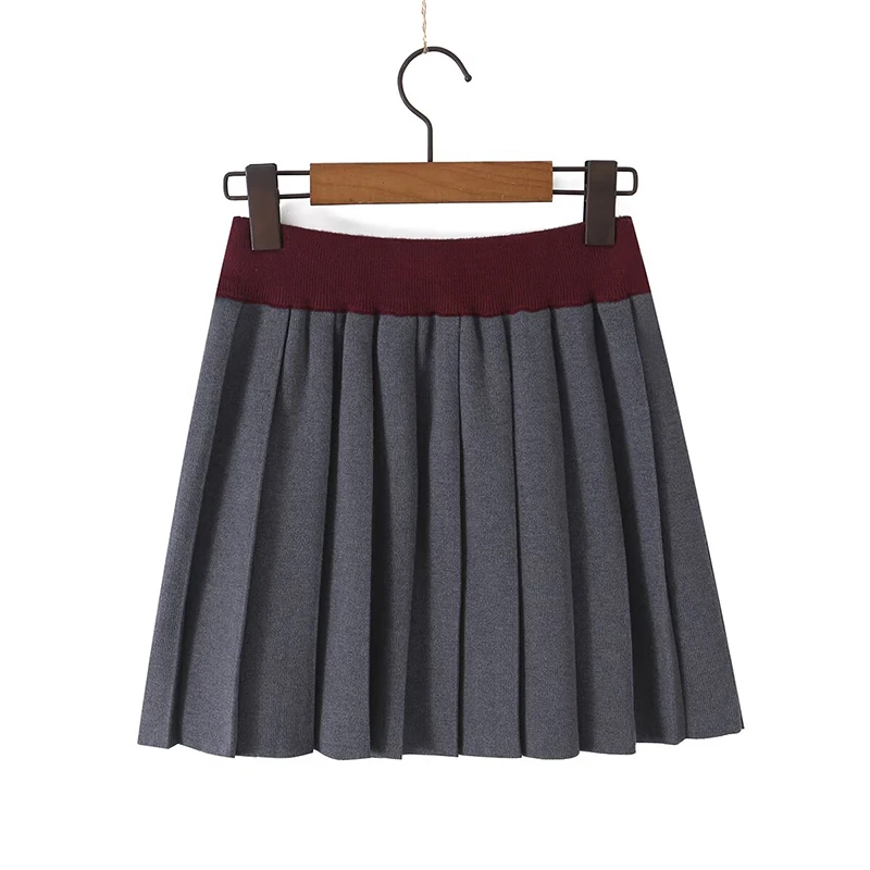 YENKYE Women Contrast Waist Knit Pleated Mini Skirt High Waist A‑Line Short Skirt Preppy Casual Knitted Skirts