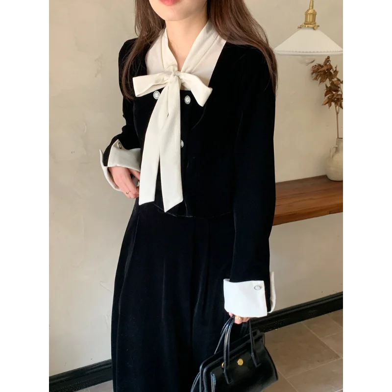 Women French Elegant Lace-up Contrast Bow Black Two-piece Set Short Coat + Elastic Waist A Line Long Skirt Velvet Lady Suit