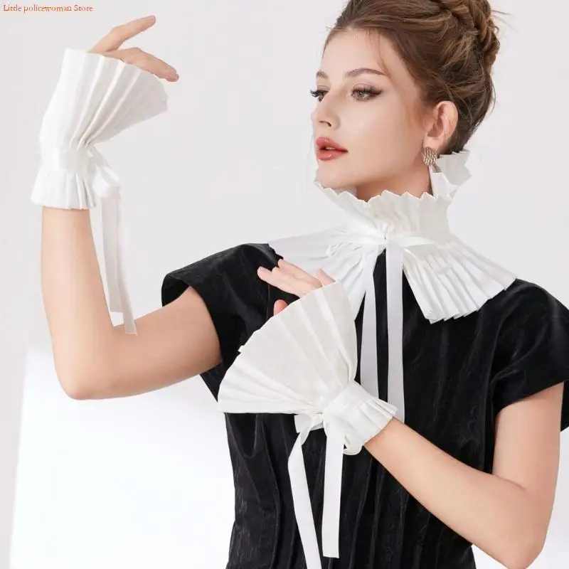 F92D Tie Decorative Pleated Neckline Embellishment Gothic Wrist Cuffs Easy Wear