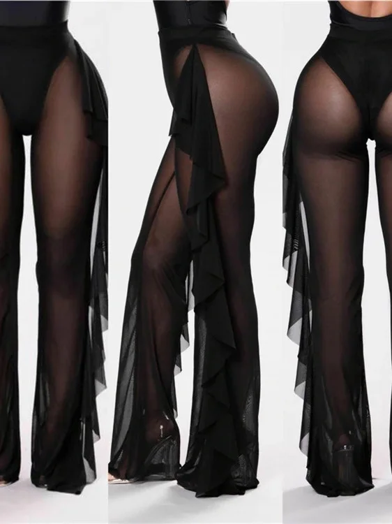 Vaion Me السراويل تكدرت اللون لون نقي عطلة صافي الشاش السراويل عالية الخصر متوهج الساقين مستقيم قطع لباس غير رسمي