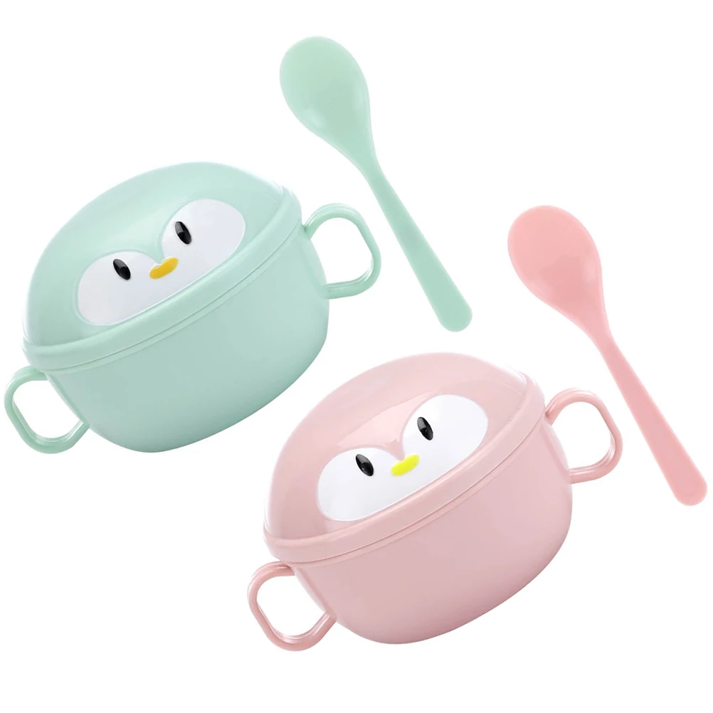 

Portable Bowls With Spoons Steel Bowls Kids Food Bowl Penguin Shape Insulation Storage Carry Out Set
