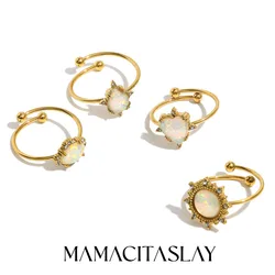 MamacitaSlay Unique Adjustable White Blue Heart Oval Flower Australian Opal Rings 316L Sainless Steel Ring For Women Jewelry
