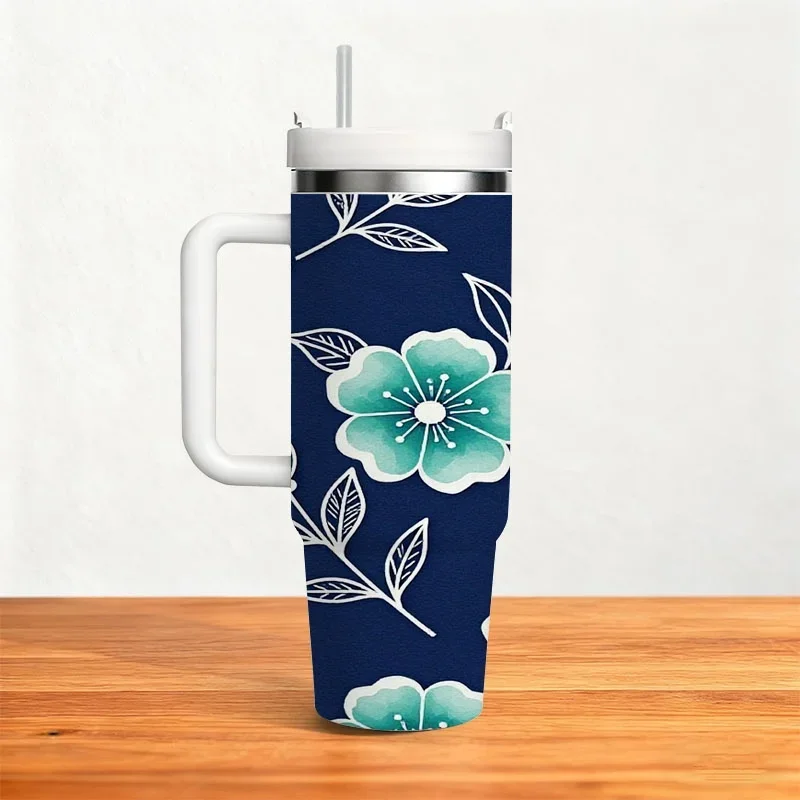 Seamless Teal And White Floral Pattern 40Oz Stainless Steel Insulated Tumbler, Navy Blue Background Botanical Digital Print Travel Mug, for Keeping Drinks Hot Or Cold, Great for Daily Commute, Office Use And Outdoor Trips