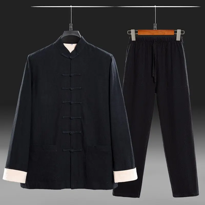 

Spring Hanfu Shirt+Pants Men Cotton Sets Men Tang Suit Two-Piece Set Chinese Style Casual Suits Male Ancient Buckle Tracksuit