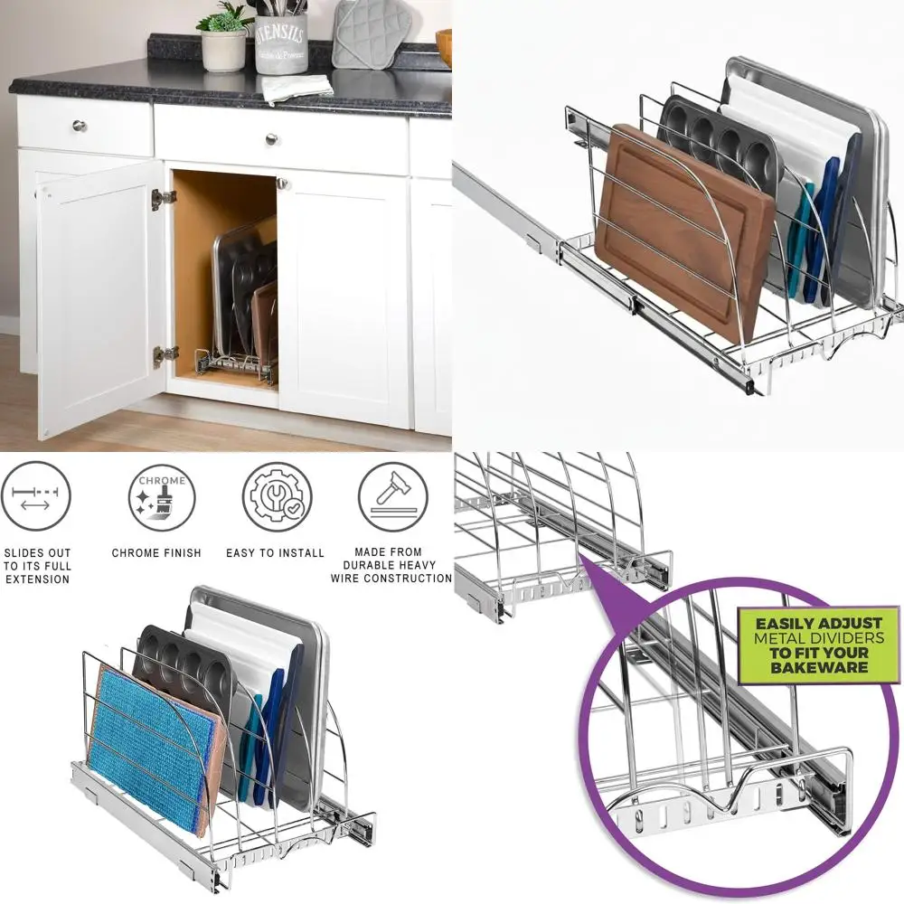 Organizador removível cromado ajustável para assadeiras, tábuas de corte e bandejas - Serviço pesado, garantia vitalícia, 12,5W x 21D x 11H,
