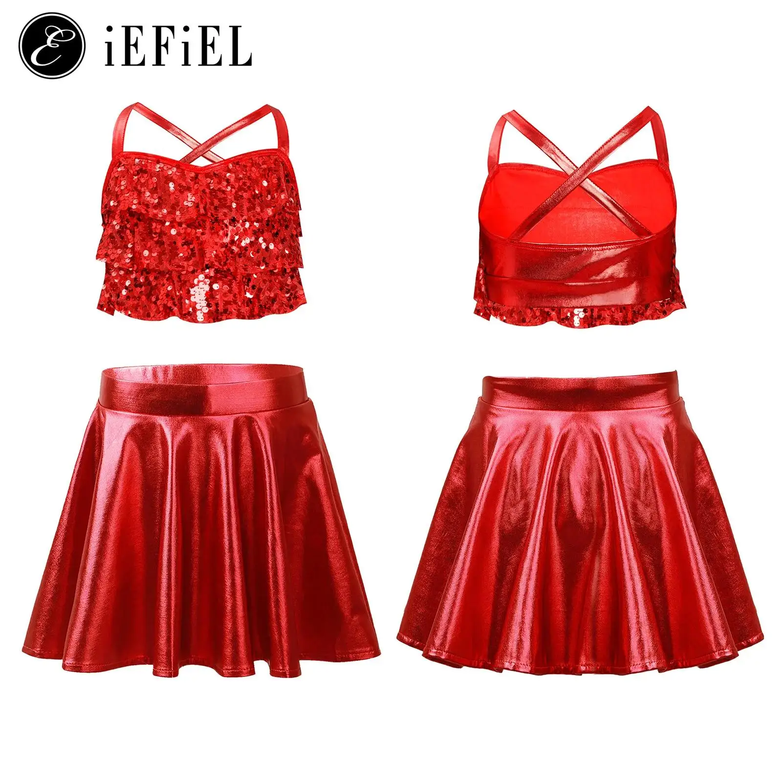 

Girls Sequins Modern Jazz Hiphop Street Dance Costume Sparkly Ruffles Crisscross Back Dance Top with Pleated Skorts Skirts