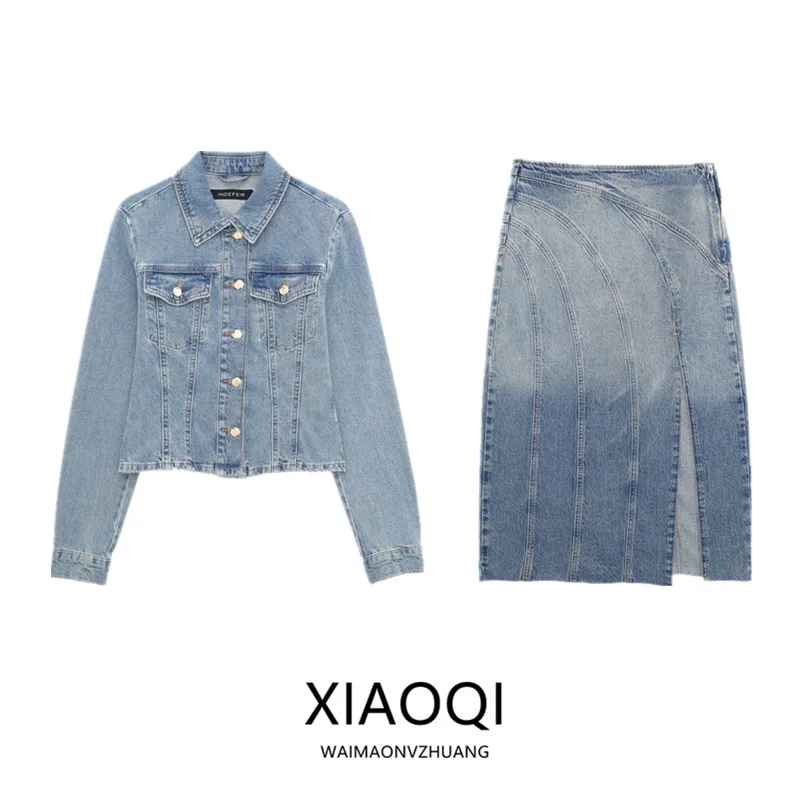 

Spring 2024 Women's Slim Fit Denim Jaet High Waist Midi Skirt Set Faionable Ensemble Tailored for Ages 25-35