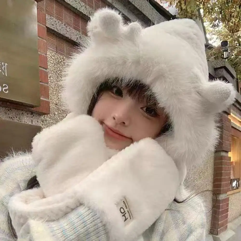 귀여운 봉제 엘크 뿔 솜털 모자 스카프 장갑, 여성용 겨울 귀 보호대, 두꺼운 Lei Feng 모자, 사이클링 스키 모자, 방풍