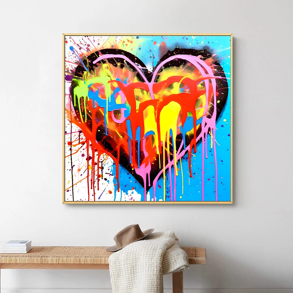 Large Abstract Colorful Splash Heart Canvas Painting Graffiti Heart Posters Prints Frameless Posters for Home Wall Decor