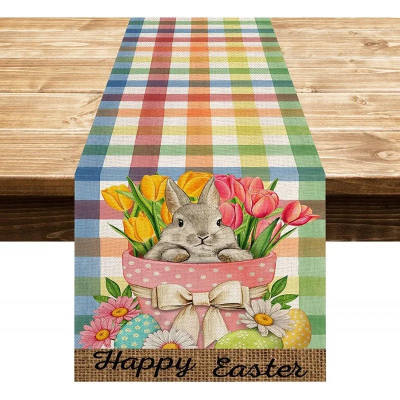 

33x183cm Linen Easter Table Runner Dining Table Square Tablecloth Colorful Easter Bunny for Home Spring Garden Table RunnerDecor
