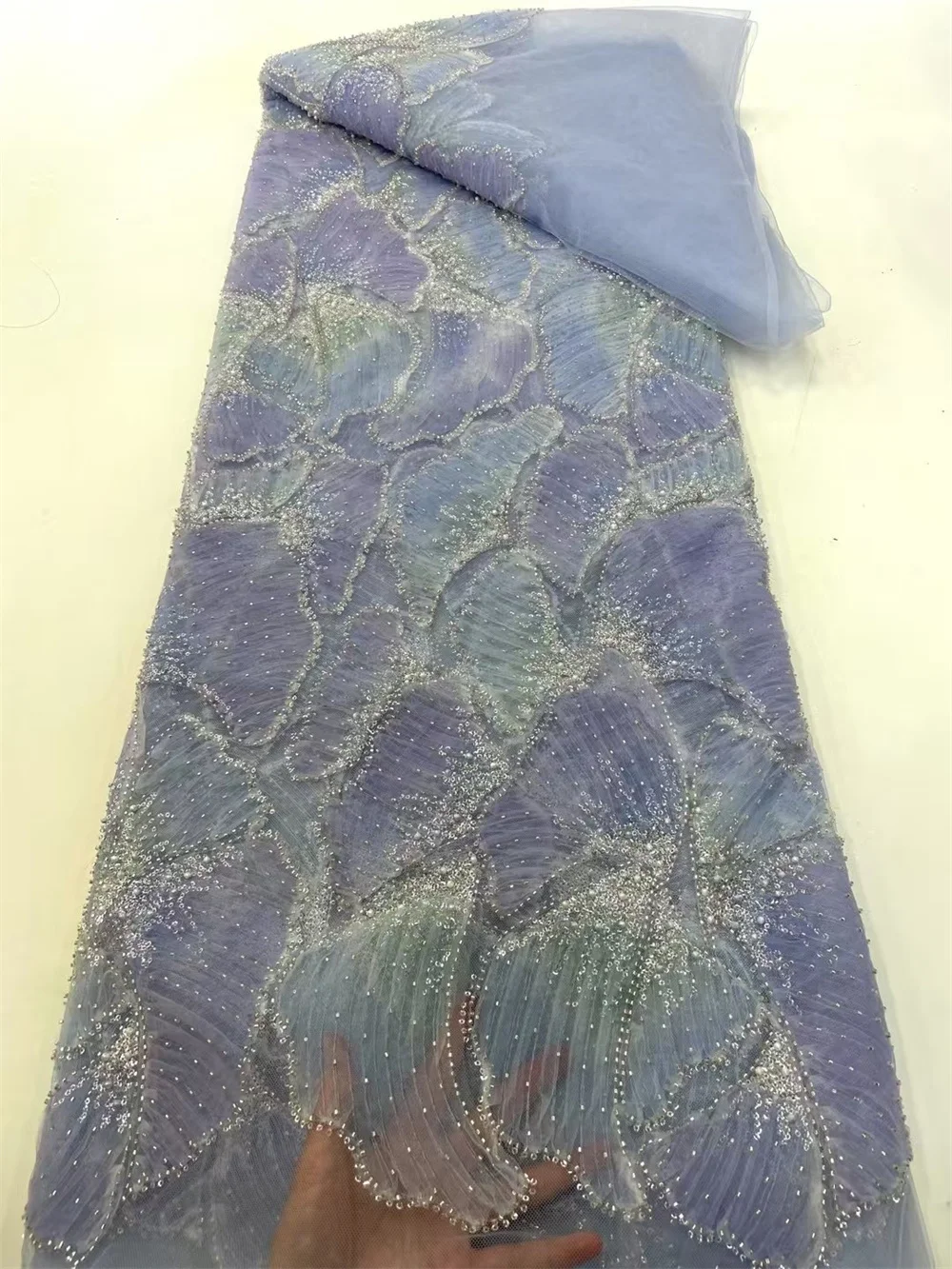

Luxury Beaded Lace Fabric Wedding Dress Sky Blue Lace Fabric 5 Yards High Quality 2025 Luxury Embroidered Tulle Fabric A1130-1