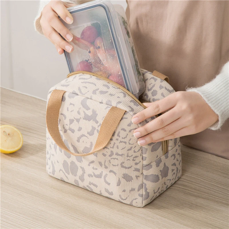 Bolsa de almuerzo portátil con estampado de leopardo para hombre y mujer, fiambrera de pícnic, bolso de mano reutilizable para viaje, trabajo y escuela