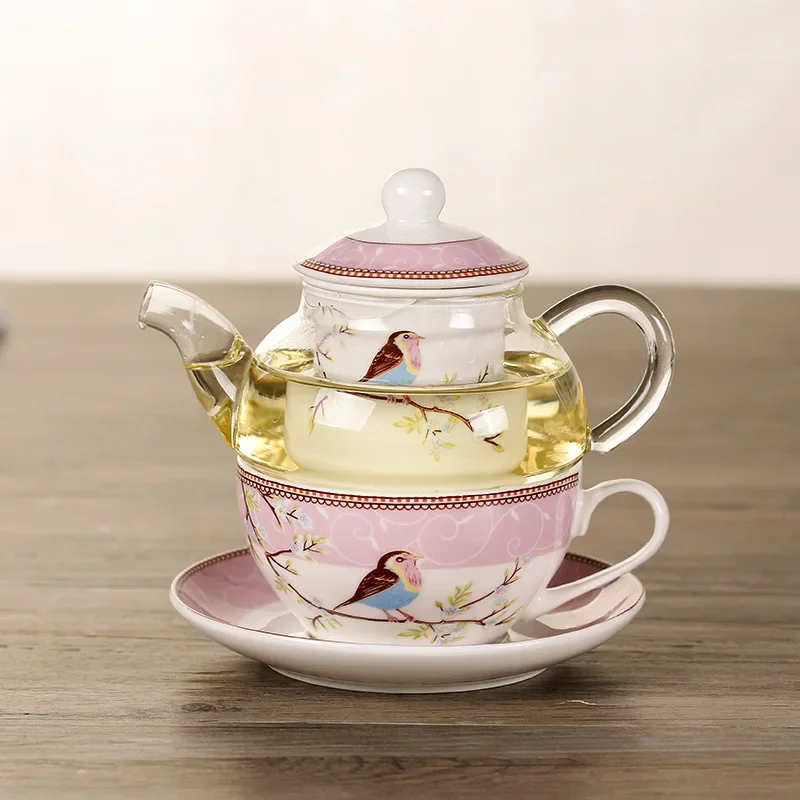 Glass Teapot with a Porcelain Infuser Strainer Happy Bird Pattern Cup and Saucer Set Teapot and Teacup Coffee Cup Set