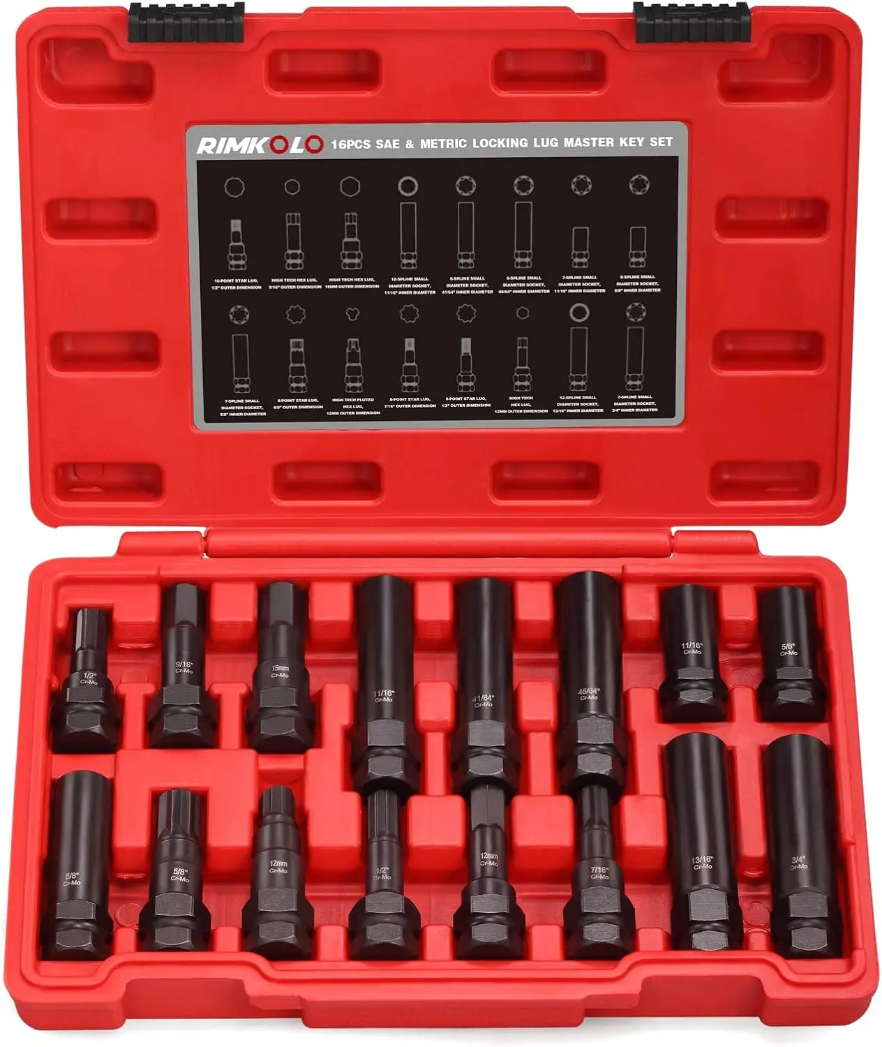 

16-Piece Locking Lug Nut Removal Kit, SAE and Metric Master Key Set for Aftermarket Wheels