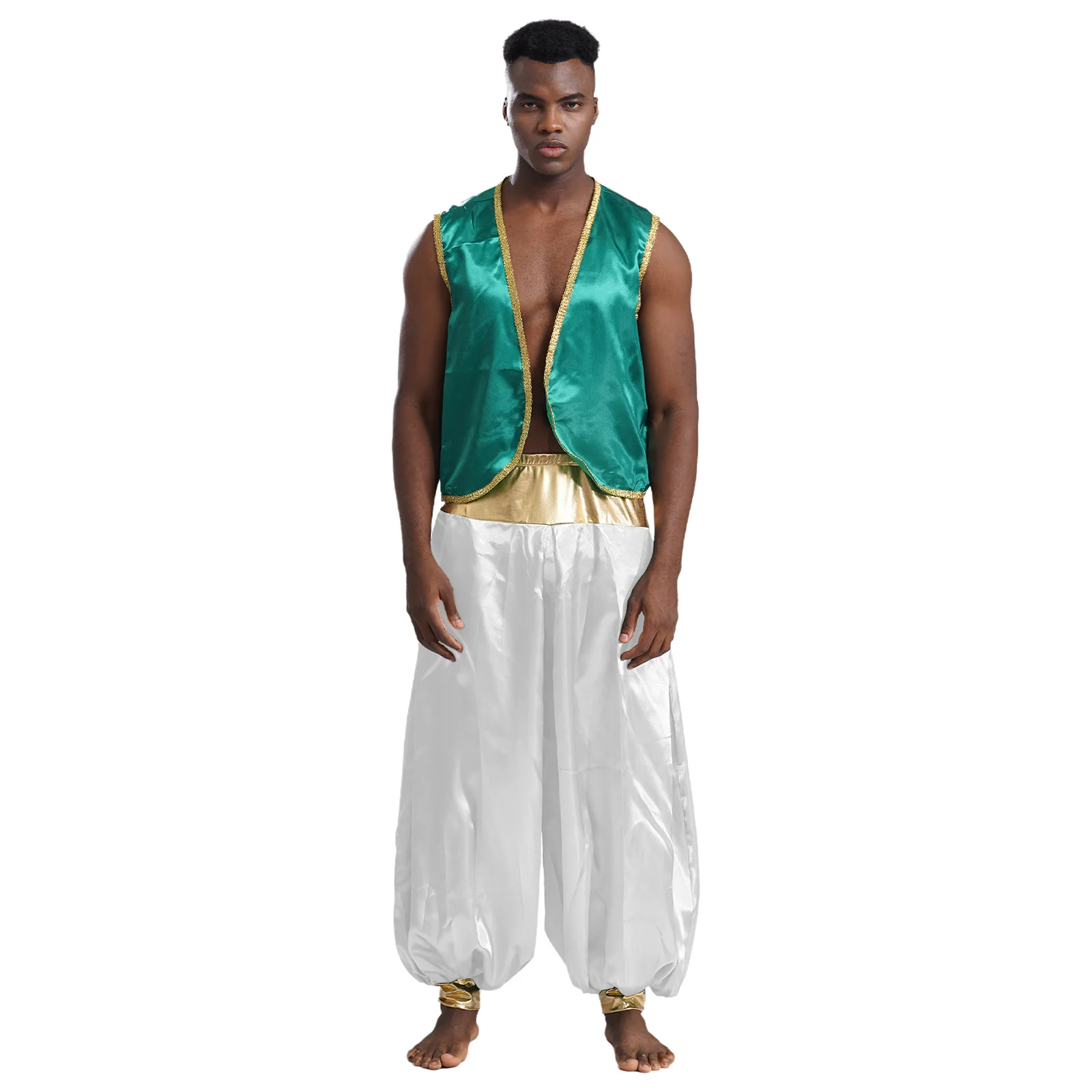

Mens Indian Arabian Fairy Tales Prince Cosplay Costumes Stain Vest Shiny Open Front Curved Waistcoat with Lantern Long Pants
