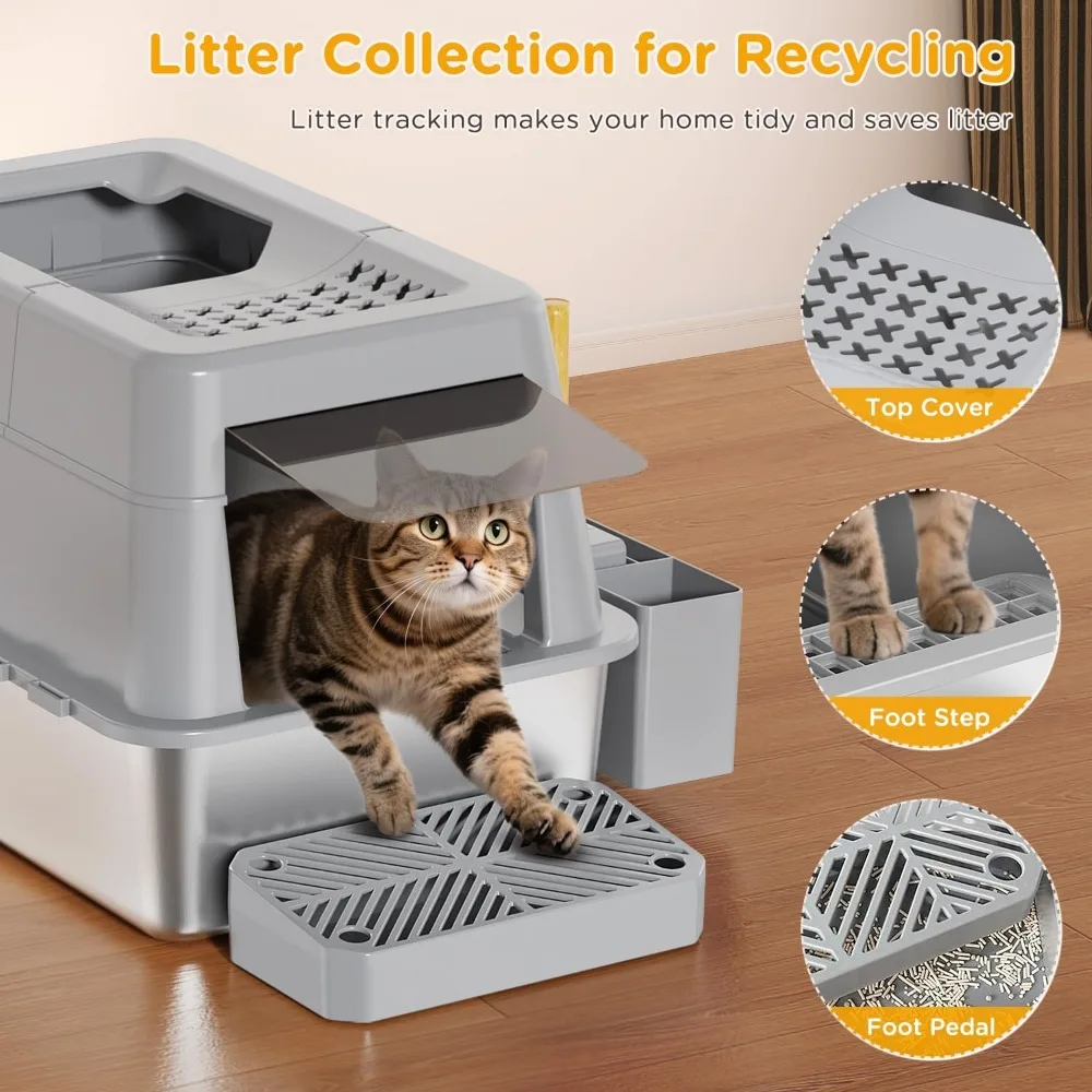 صندوق نفايات من الفولاذ المقاوم للصدأ مع غطاء، صندوق نفايات معدني مغلق XL بتصميم مع غطاء قلاب يناسب جميع القطط، مغطى كبير جدًا