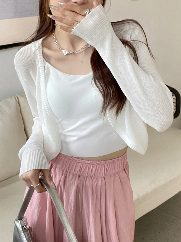 Dun wit vest dames zomer zonnebrandcrème veterschoenen tops dame Koreaanse stijl casual lange mouw korte zonbeschermde top