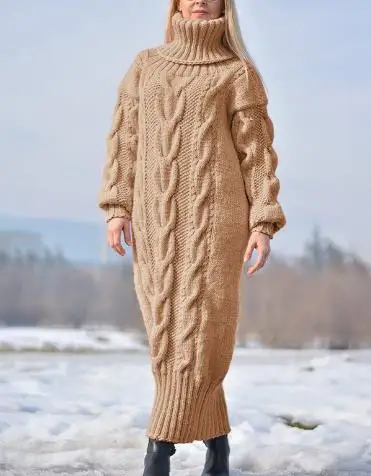 

New Winter Women's Solid Color Wool Crocheted Long Dress Turtleneck Casual Long Sleeve Loose Pullover Sweater Knitted Dresses