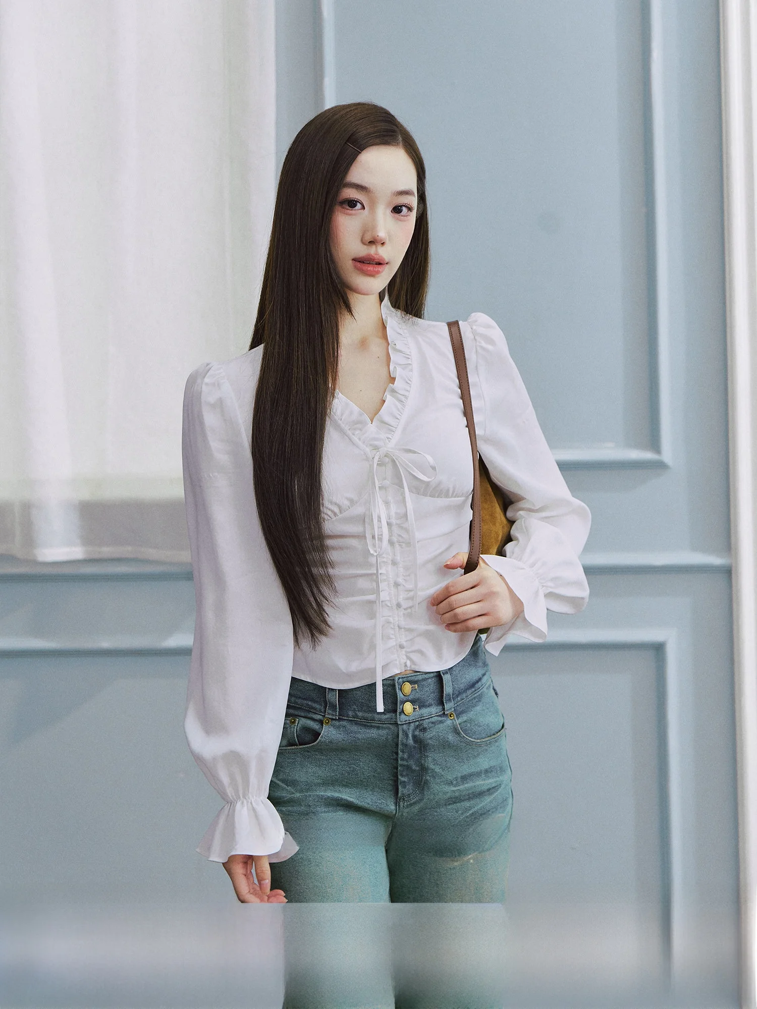 

LaluneDuCiel Pure Love V-ne Bubble Sve Dstring irt Women's Silk Casual Sle Slim Fit Long Sve ort Length