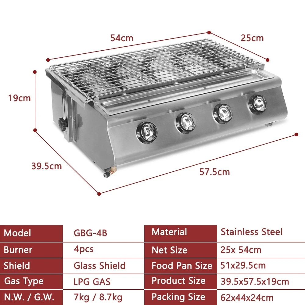 GZZT 4 Burners Gas BBQ Grill Stainless Steel Smokeless Stove W/ Burner Protecting Covers Use LPG Roast Griddle Barbecue Tools