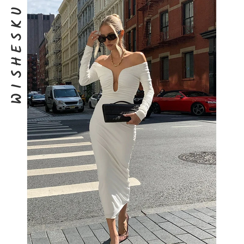 

Sexy Slash Neck Low Cut Bodycon Maxi Dress Women Long Sleeve Elegant Peach Hip Party Vestido 2024 Spring Fall Fairy Clothes