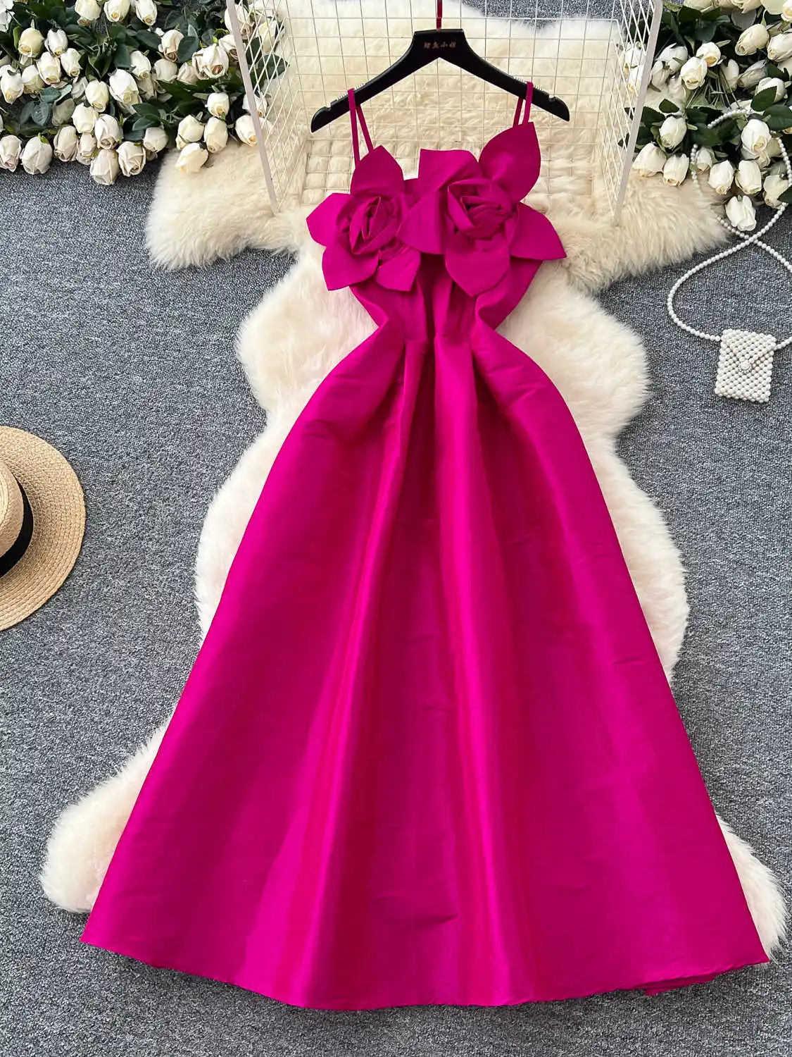 

Women Rose Red A-line Long Dress Vintage 3D Floral Off Shoulder Evening Dresses Y2k One Piece Frocks 2000s Clothes Summer 2025