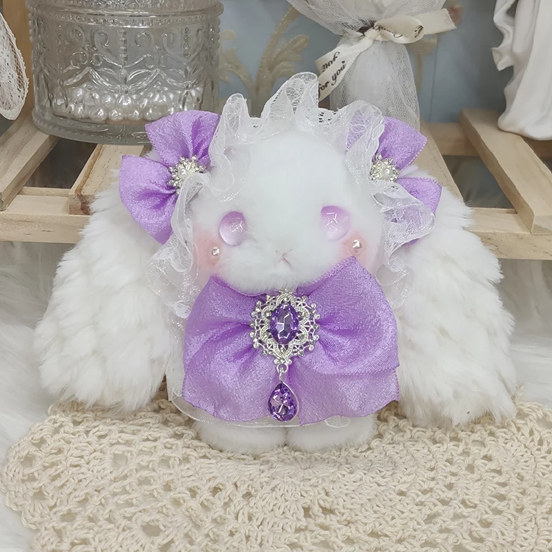 Original Handwork Lolita Rabbit Cute Ears Diamonds Bow Fluffy Doll Bunny Beading Lace Ruffles Princess Keychain Pendant Gift
