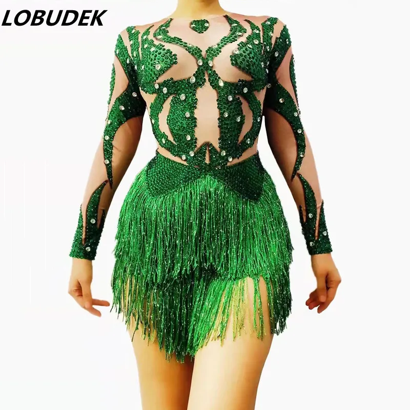 

Female Bar DJ Pole Dance Acrobatic Performance Elastic Rhinestones Tassel Tights Long Sleeve Bodysuit Green Fringe Stage Leotard