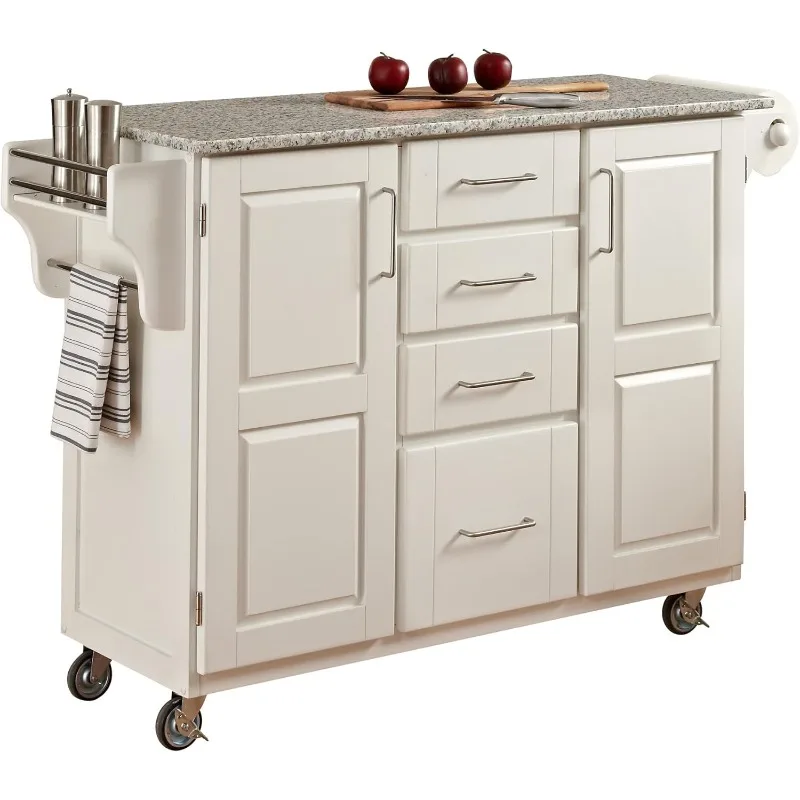 2 Door Cabinet Kitchen Cart with Salt and Pepper Granite Top Has Four Utility Drawers and Two Cabinets with An Adjustable Shelf