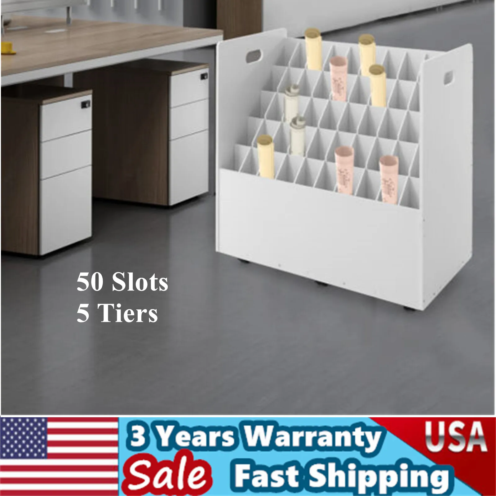 

50-slot Blueprint Organizer, Roll File Storage Holder, Movable Roll File Cart