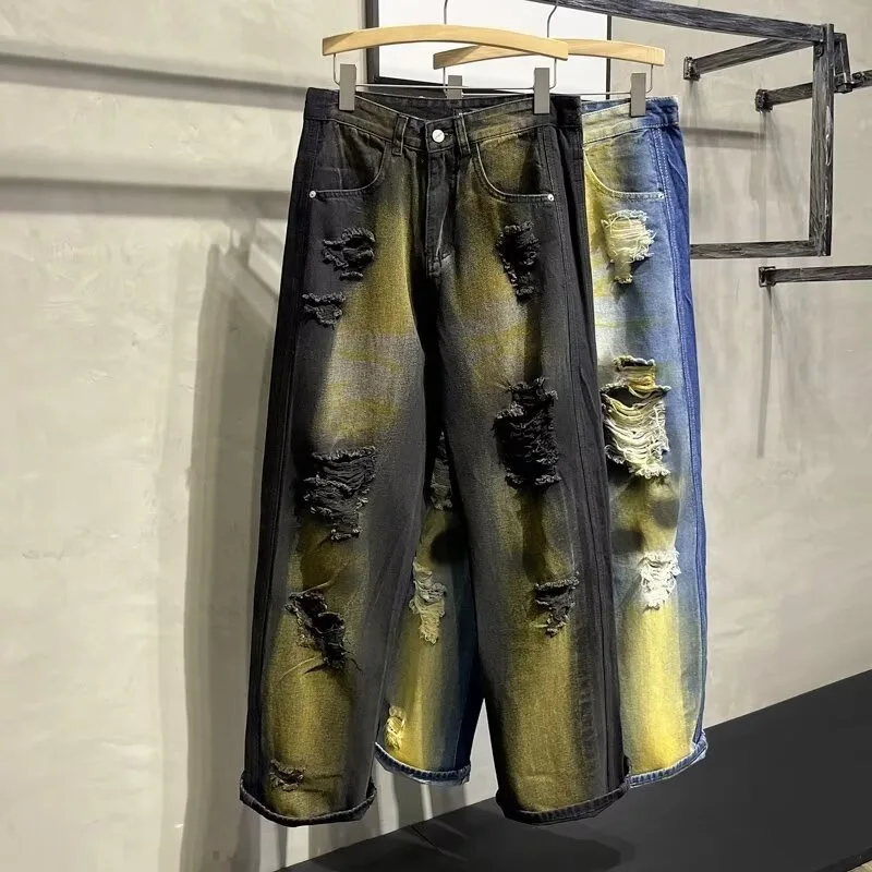 Men's Washed Tie Dye Ripped Jeans American Spring Summer Casual Fashion Retro High Street Washed Straight Leg Slim Denim Pants