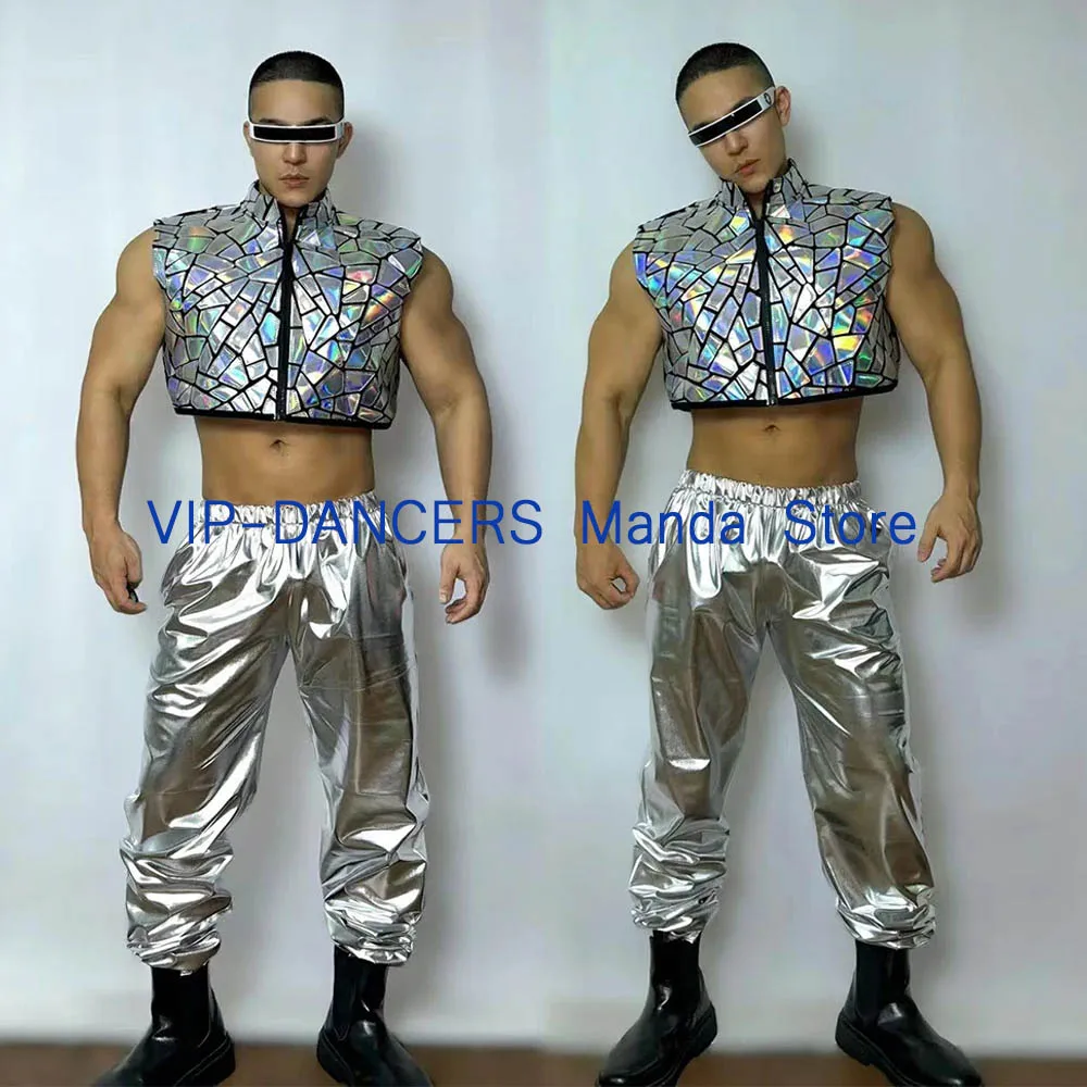 Silver Mirror Gogo Dance Costume Laser Dance Party Show Outfit Nightclub Bar Dj Costumes Hip Hop Dance Hoodie Pants Male VDL606