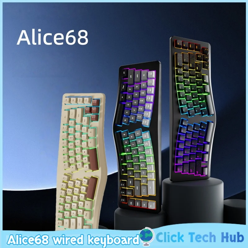 

Alice68 Wired Keyboard Rgb Lighting Effect 69 Key Ergonomic Keyboard Shaped Wrist Guard Type-C Writing Office Game Keyboard