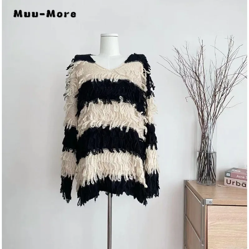 

2023 Autumn Chic Casual Y2K Knitting Long Sleeve Sexy Pullovers Korean Fashion Winter Women Striped Tassels Ladies Sweater