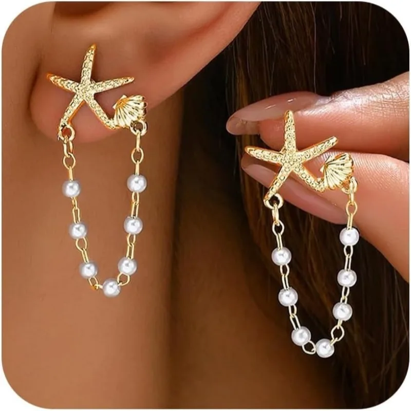 Pearl Starfish Drop Dangle Earrings Beach Jewelry for Women Girls Ocean Beachy Summer 2026 Tropical Vacation Fashion Accessories