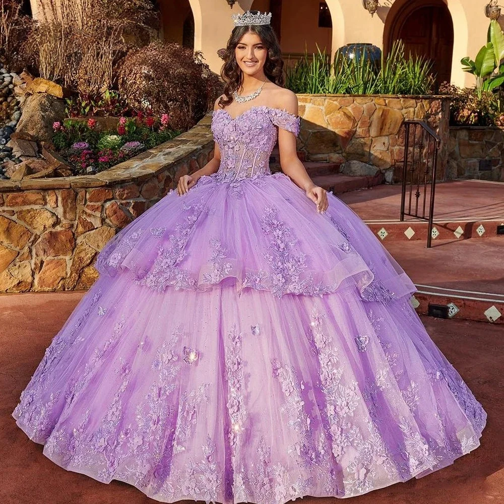 Lilac Quinceanera Dresses Ball Gown Off The Shoulder Floral Lace Sweet 16 Dresses 15 Años Mexican Customized