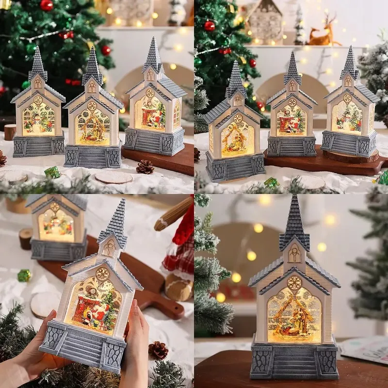 Christmas Presents Santa Claus House Crystal Lanterns Decorated House with Snowball Effects and Music Box Nativity Church