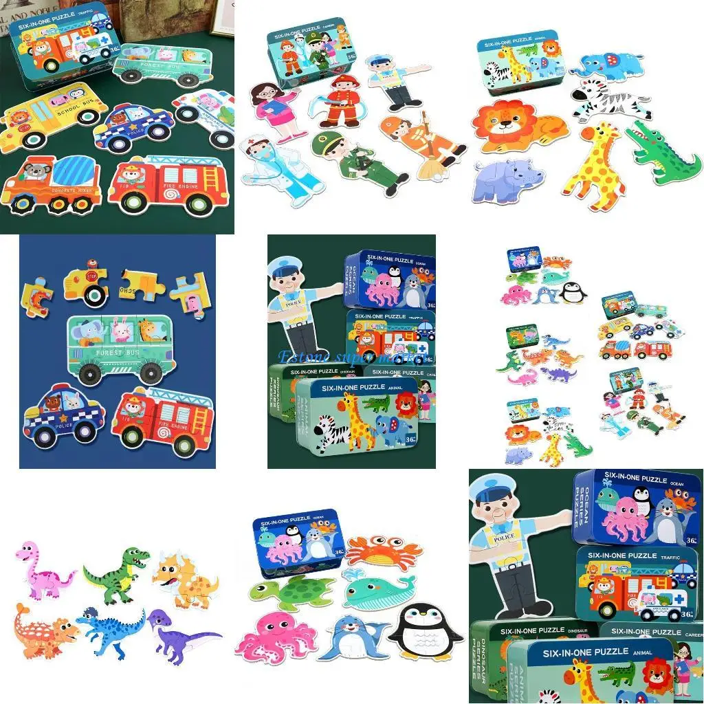 

090B 6Pieces/Set Cartoon Puzzle Box 3D Wooden Puzzle Learning Toy for Kids Gift Toy