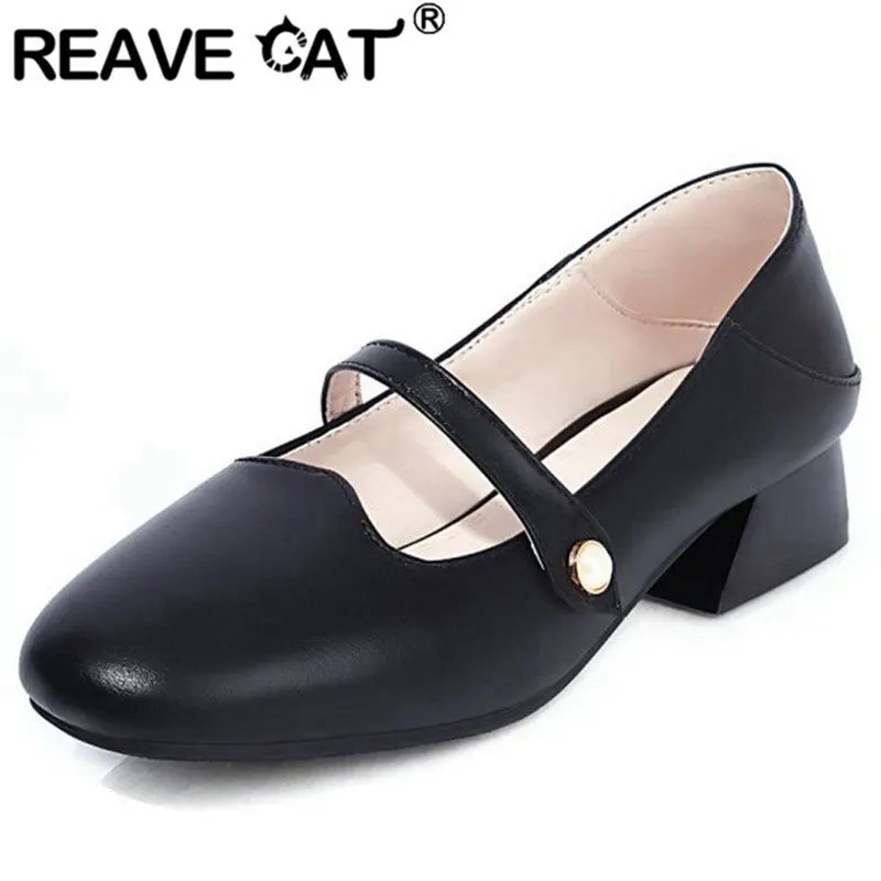 

REAVE CAT New 2021 Women Flat Shoes Round Toe Mary Jane Buckle Pearl Elegant Student Concise Big Size 32-46 Casual Summer A3802