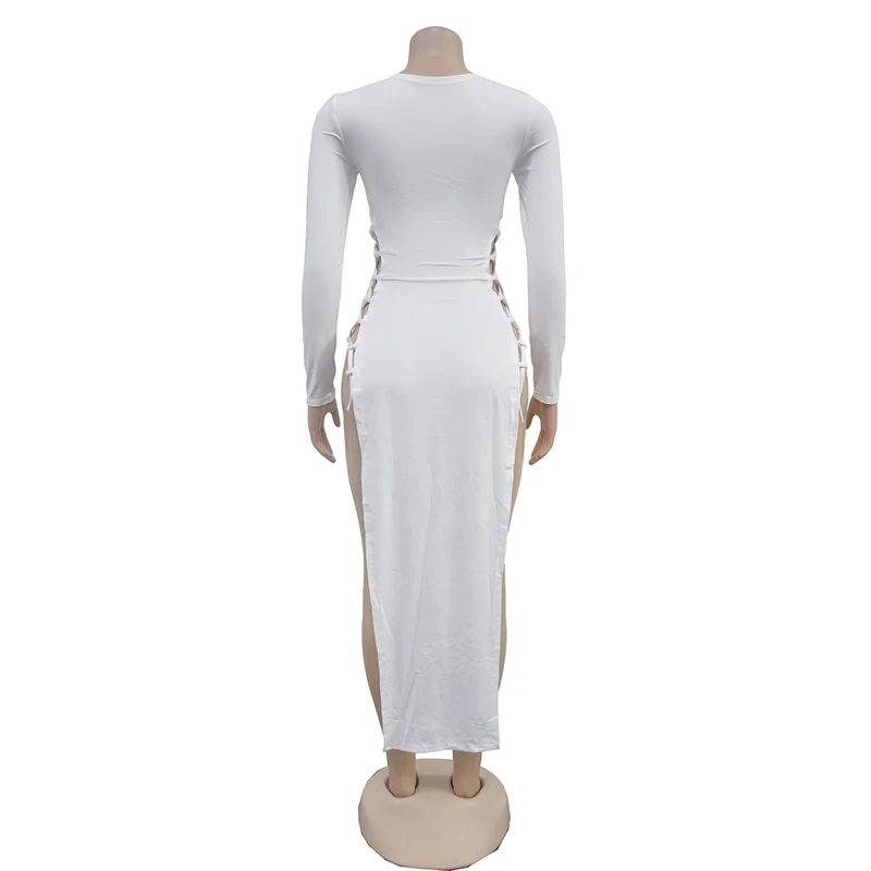 Sexy Vrouwelijke Effen Kleur Hoge Split Criss-Cross Veteraan Maxi Jurk Laag Uitgesneden V-Hals Lange Mouw Mode Nieuwe Onregelmatige Slanke Clubkleding