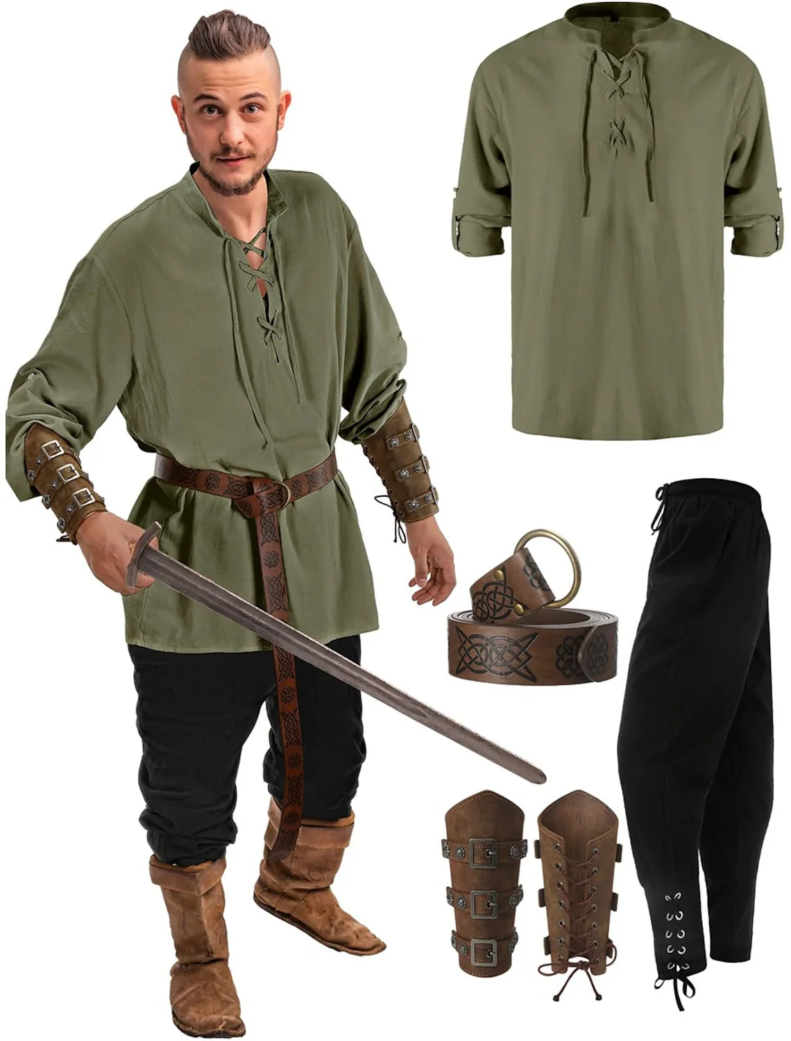 Jiuguva 4 Pcs Halloween Men\'s Renaissance Costume Set Medieval Pirate Shirt Ankle Banded Pants Viking Belt Accessories